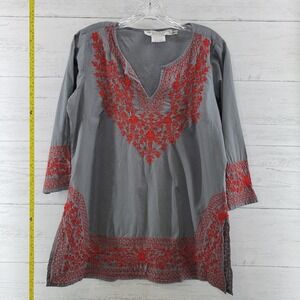 Gretchen Scott Designs Embroidered Tunic Top Gray Red Cotton Size M